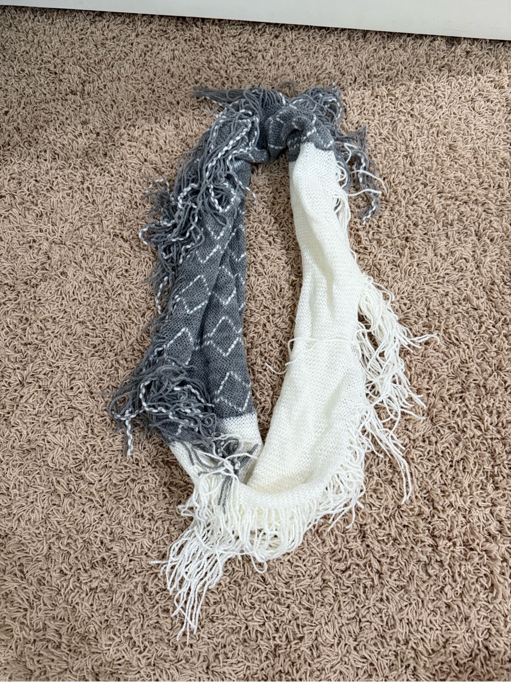 Gray and Cream Fringe Knit Infinity Scarf - Women Accessories